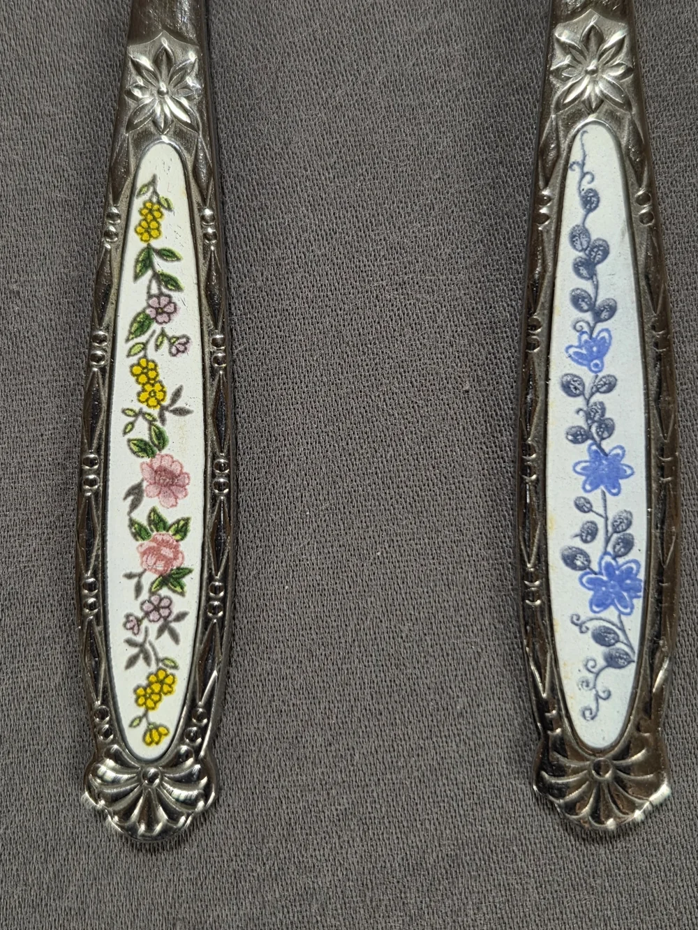 Vintage Korean Cloisonne Enamel Floral Stainless Steel Tea Spoons Dongyang